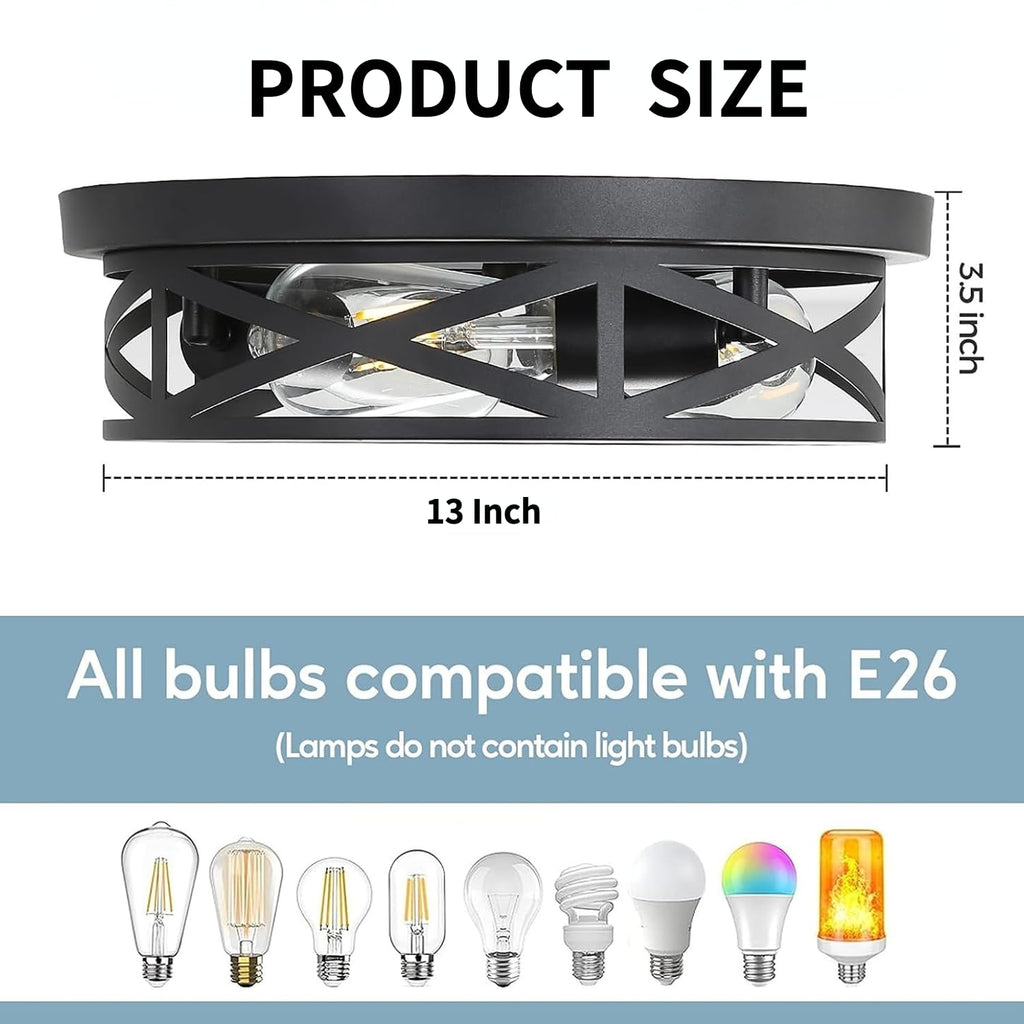 2 Pack Cage Ceiling Light Fixtures, 3-Light Farmhouse Close to Ceiling Lights with Metal, 13 Inch Vintage Ceiling