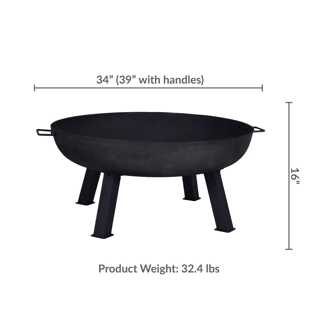 34" Heavy-Duty Cast Iron Fire Pit Bowl for Outside, Wood-Burning