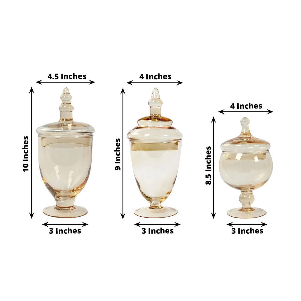 Set of 3 Amber Gold Apothecary Glass Jars with Snap On Lids, Decorative Footed Storage Jars Candy Buffet Containers