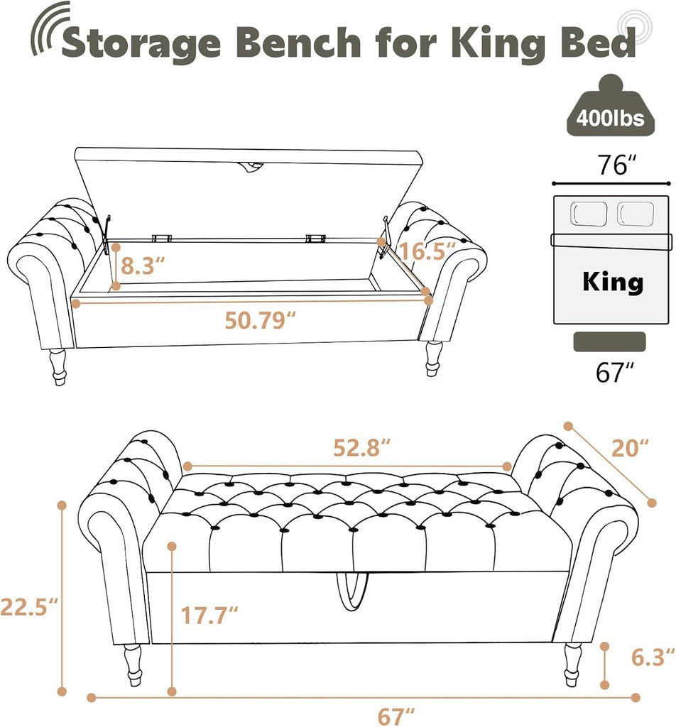 67" End of Bed Storage Bench King Size, Storage Bench End of Bed, Upholstered Velvet Tufted Storage Ottoman Benches