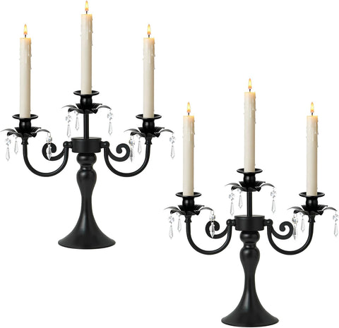 Metal 3 Arm Candelabra with Crystal Pendants - 11.8 Inch Tall Candle Holders, Set of 2 - Elegant Taper Candlestick