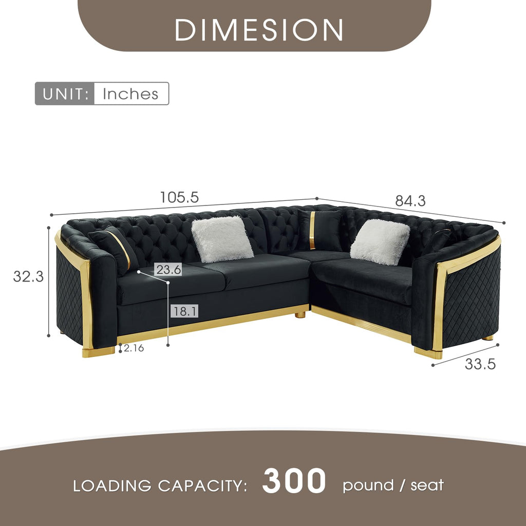 106" Oversize Button Tufted Chesterfield Sectional Sofa Set, Velvet L-Shaped Luxury Couches with Gold Stainless Steel