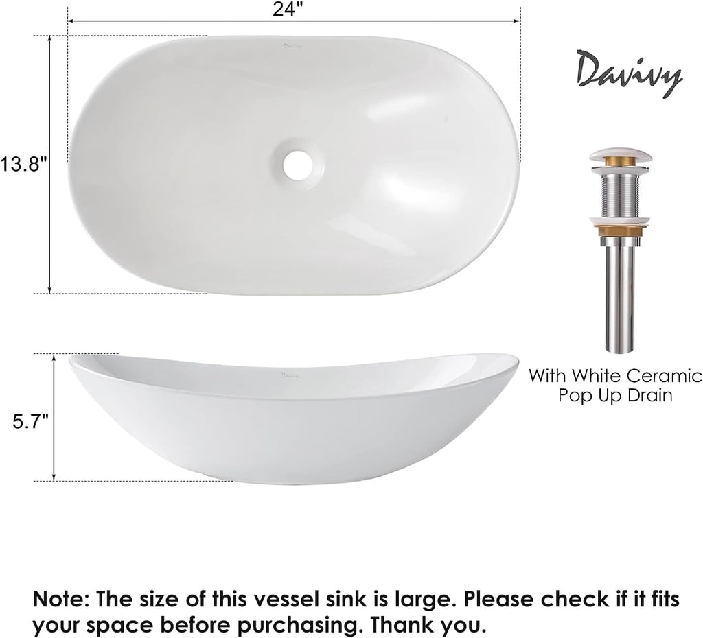24'' X 13.8'' Large Oval Vessel Sink with Pop Up Drain,Bathroom Vessel Sinks,Bathroom Sinks Above Counter,White