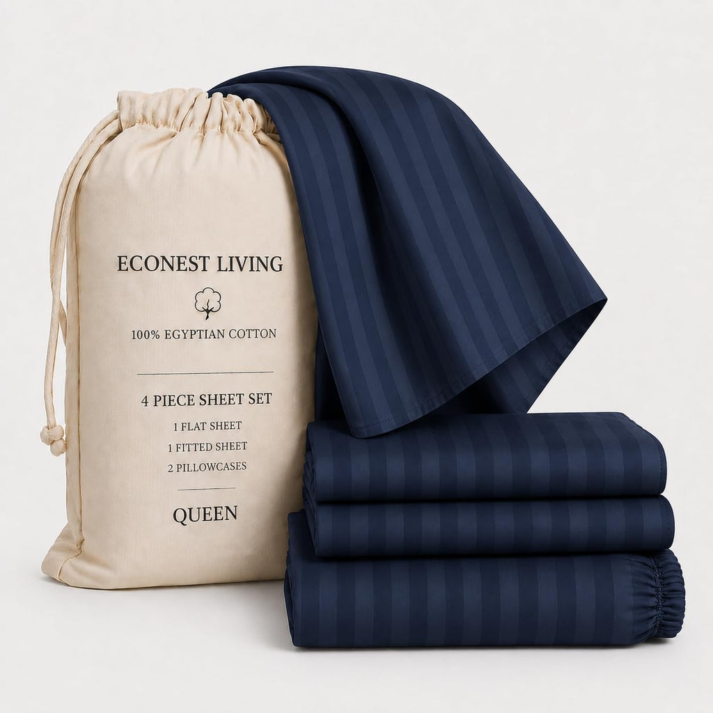 100% Egyptian Cotton, Queen Size 4 Piece Sheets, Navy Blue Damask Stripe