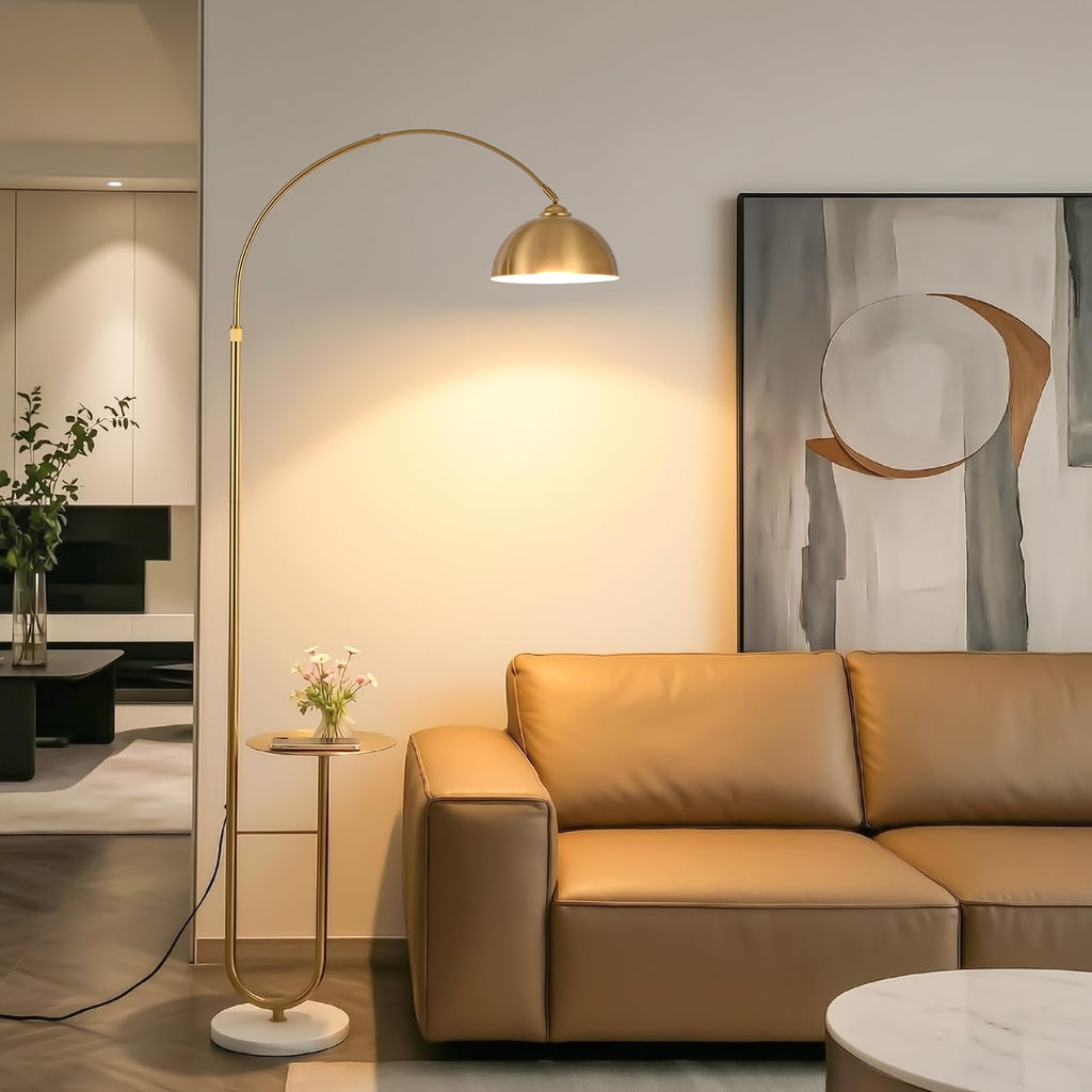 Gold Arc Floor Lamp with Table, Stepless Dimming & Remote, E26 Bulb Included