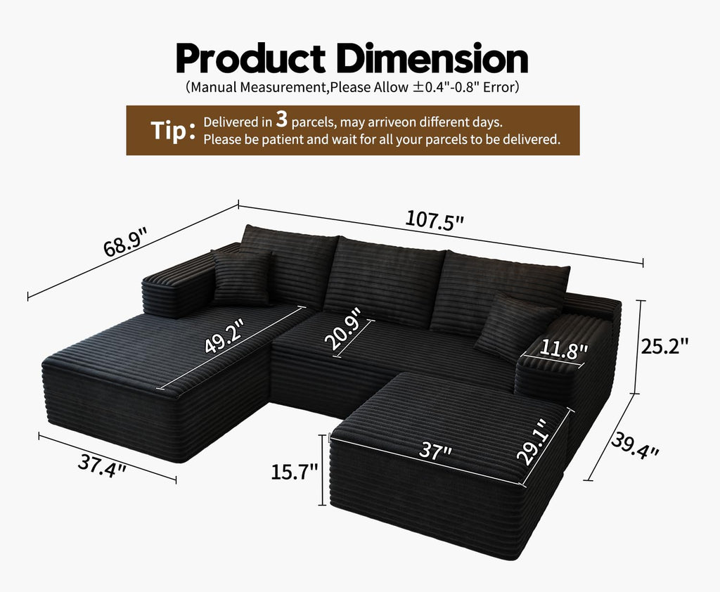 107.5" Cloud Modular Sectional Sofa with 1 Ottoman, Modern Minimalist Upholstered Couches, Comfort U Shaped Sofa, Deep