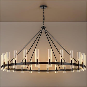 70 Inch Black Wagon Wheel Chandelier with Glass Shade, 24 Lights, Modern Farmhouse Style, Ideal for Dining Room, Kitchen, Entryways A115-B0CHF7PP6Z