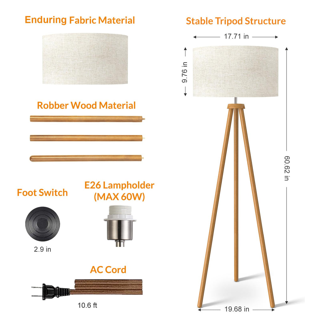 Wood Tripod Floor Lamp, Mid Century Standing Lamp