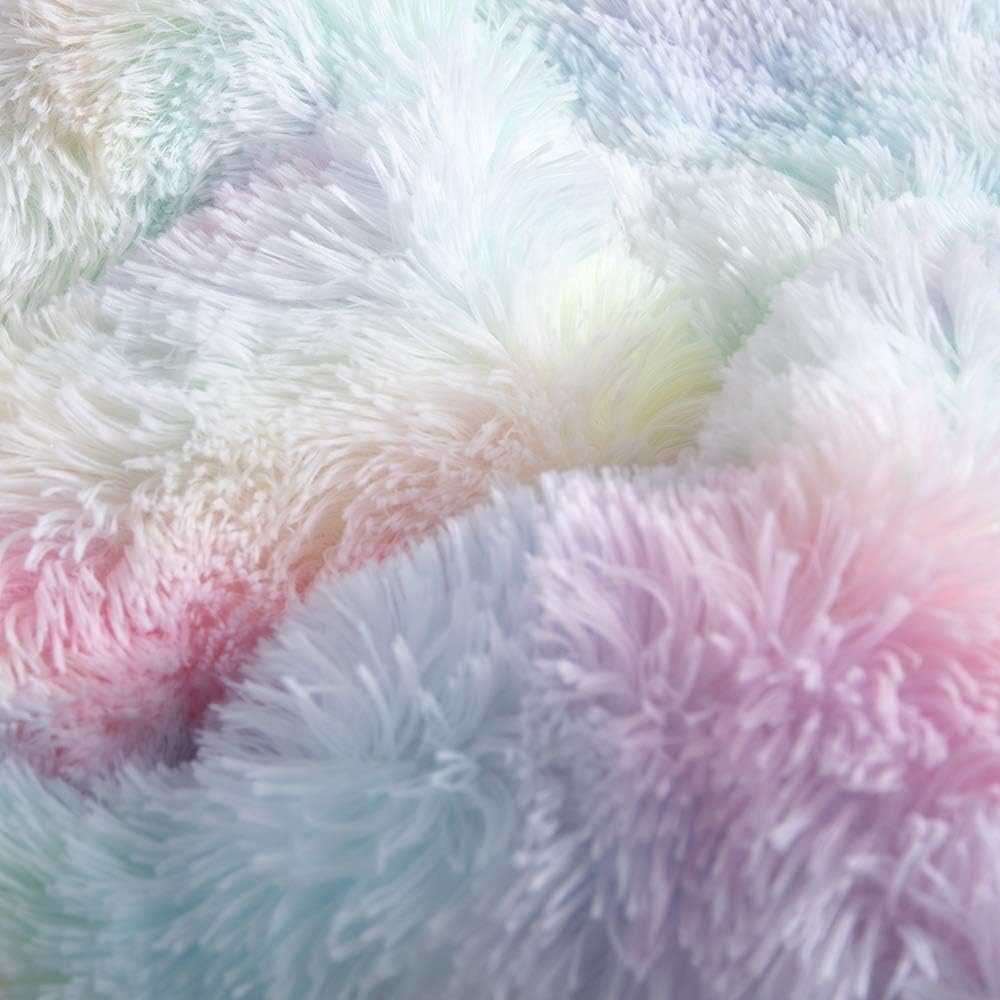 Faux Fur Plush Rainbow Comforter Set Fluffy Fuzzy Shaggy Bedding Set - 3PC Full Microfiber Soft Warm Quilt Set