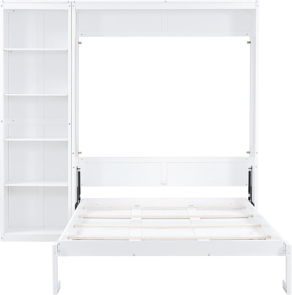 Space-Saving White Murphy Bed Queen with Adjustable Storage Shelves, Multifunctional Foldable Wall Bed for Small