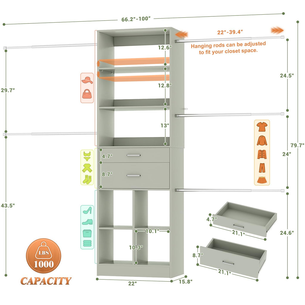 Closet System, 4-8 FT Closet Organizer Tower with 2 Wooden Drawers and Shelves, Can Fit 60 to 96 inch Walk-in Closet