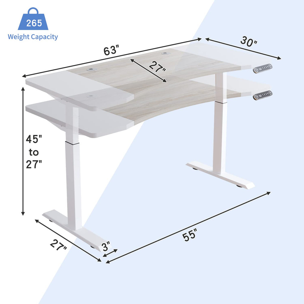 Dual Motor 63x30 Height Adjustable Electric Standing Desk, Height Stand Up Computer Desk, Sit and Stand Home Office