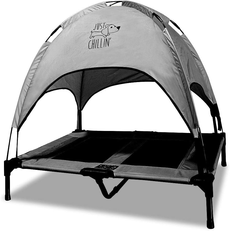 Just Chillin' Elevated Dog Bed. Cool Cot with Removable Canopy Shade. Indoor or Outdoor Pet Use. Lightweight