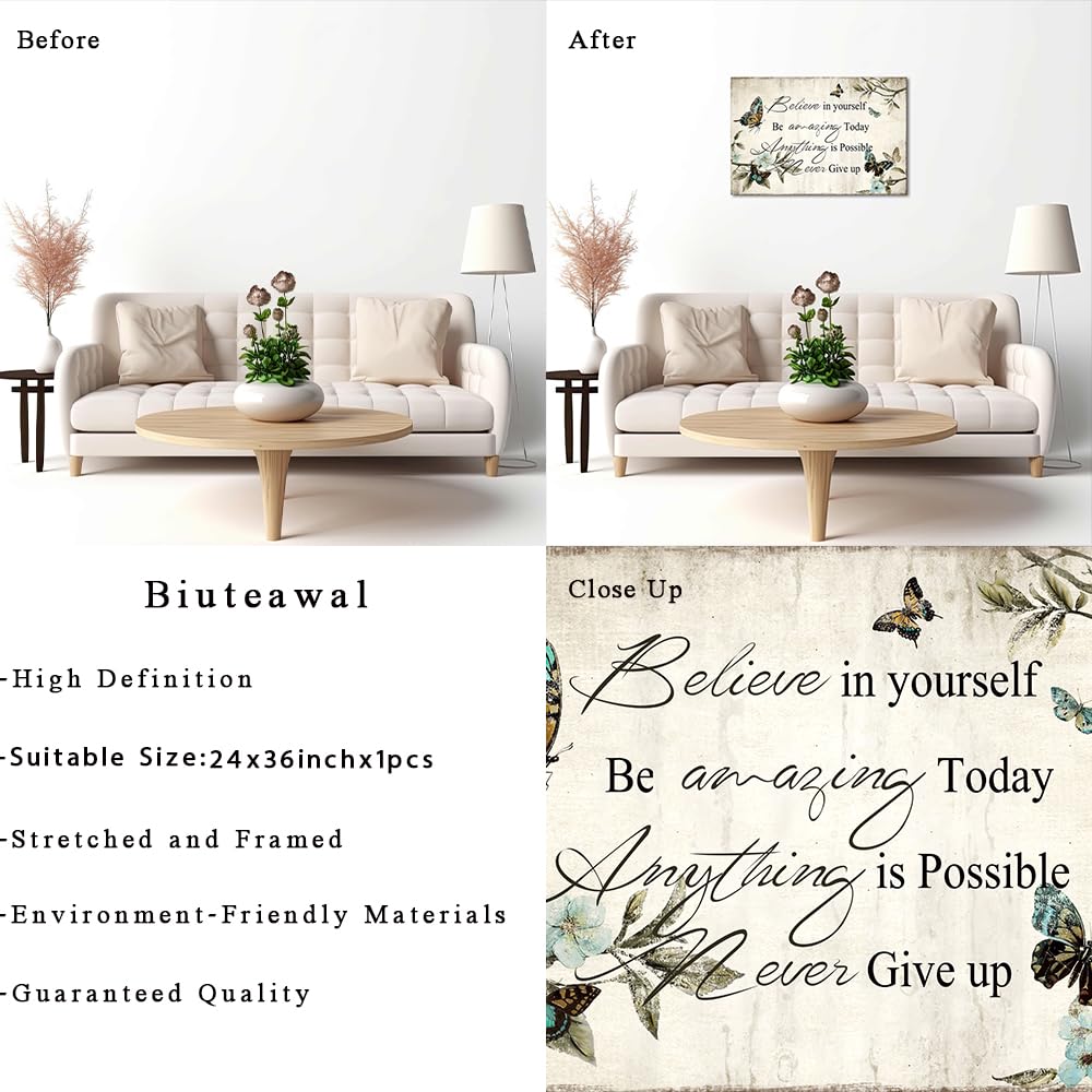 Inspirational Wall Art Encouraging Words with Butterfly Picture Canvas Artwork Motivational Quote Poster Framed