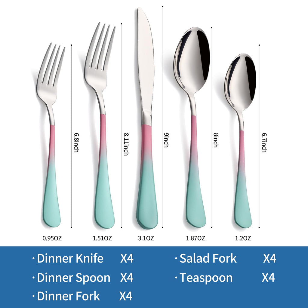 20-Piece pink & green Silverware Set, 18/0 Stainless Steel Colorful Handle Flatware Set, Service for 4, Modern Cutlery