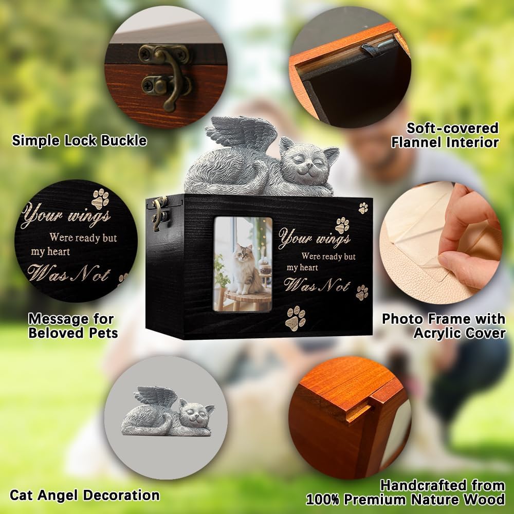 Cat Urn for Ashes Box with Picture Black Funeral Cremation Box Wooden Keepsake with Flannel Lining for Loss of Cat or