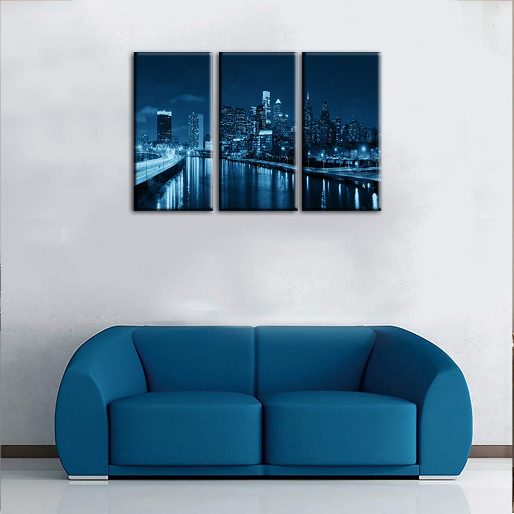 Panoramic Philadelphia Cityscape at night with urban architecture Picture, Black and White Stretched Canvas Prints