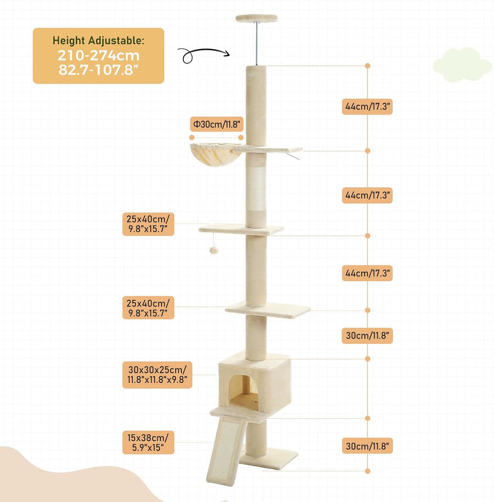 Floor to Ceiling Cat Tree, Adjustable 83-108in 5-Level Tower, Beige