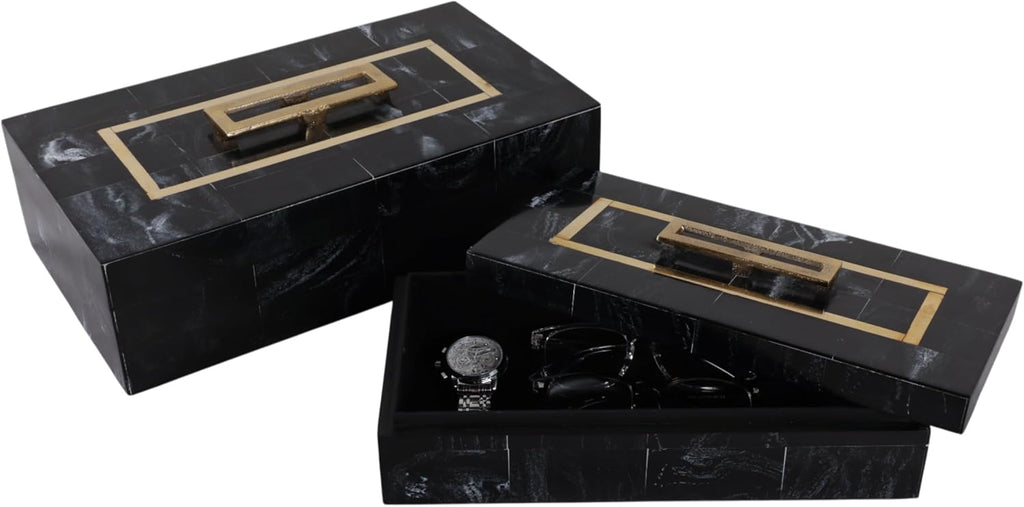 Elegant Decorative Boxes Decor with Lid - Marble Jewelry and Keepsake Boxes with Gold Handle - Bold Home Organizer - Set of 2