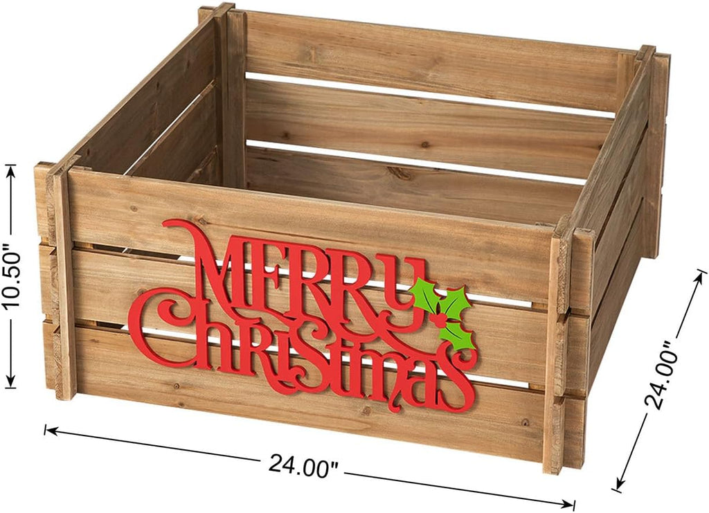 24" L Wooden Crate Tree Collar, Natural Wooden Merry Christmas Christmas Tree Base Cover Farmhouse Christmas Tree