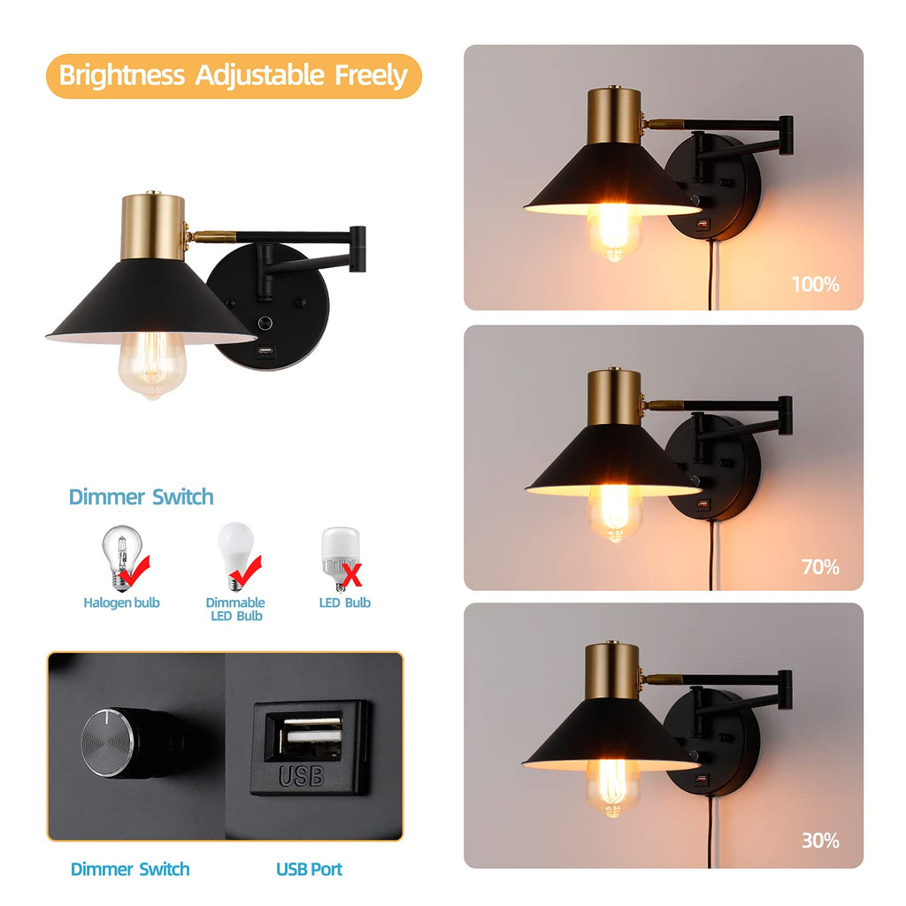 Swing Arm Wall Lamp Plug in Wall Sconces Adjustable Vintage Industrial Reading Light Bedside Wall Mount Light