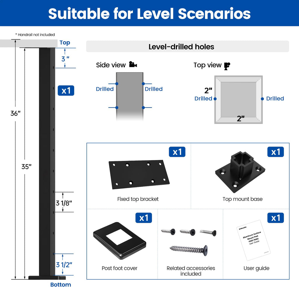 36" Aluminum Black Cable Railing Level Post Surface Mount PD02 BHAS