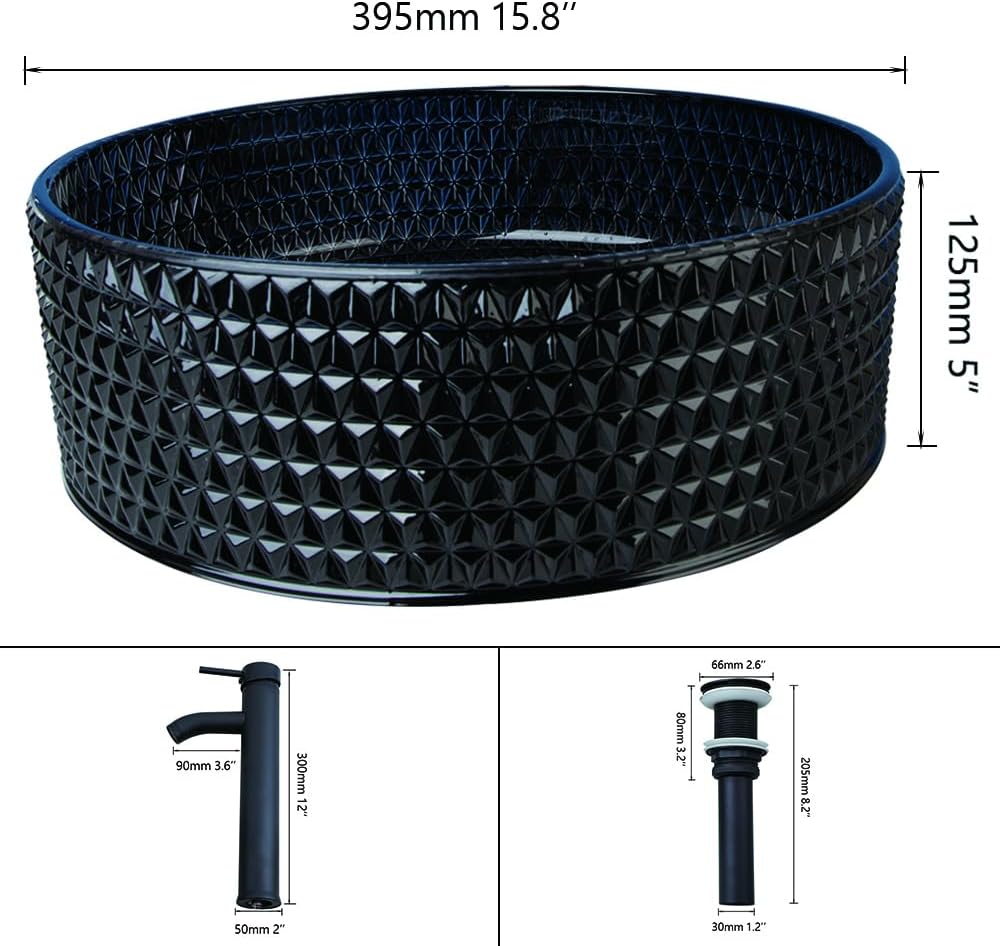 Black Crystal Vessel Sink with Faucet and Drain Set 16 Inch Round Tempered Glass Basin Bowl Diamond Shaped Bathroom