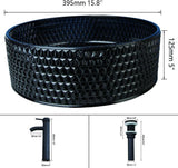 Black Crystal Vessel Sink with Faucet and Drain Set 16 Inch Round Tempered Glass Basin Bowl Diamond Shaped Bathroom
