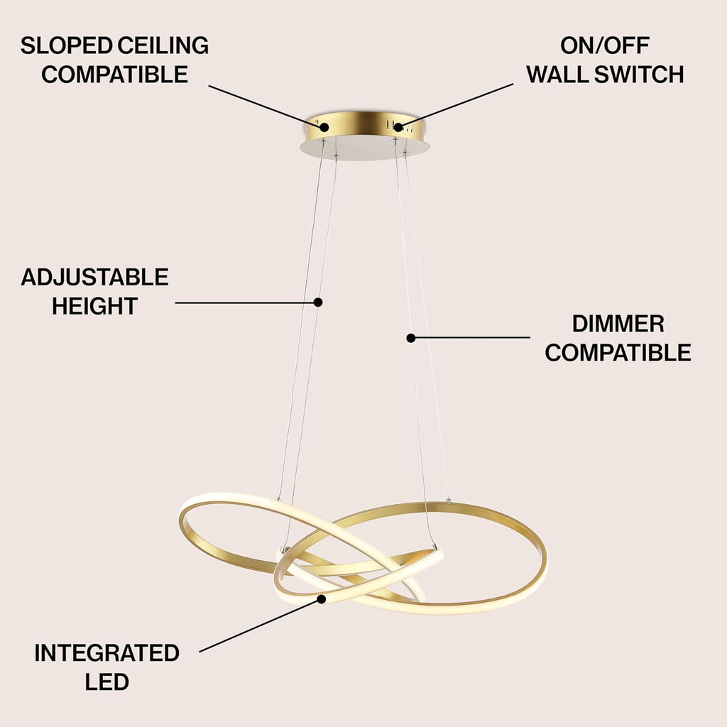 25" Gold Painting Modern Abstract LED Pendant Light, Integrated Dimmable Metal Chandelier for Dining Room, Kitchen