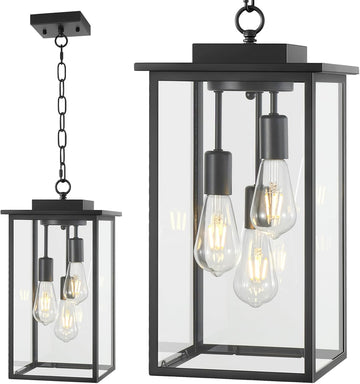 Outdoor Pendant Light Fixture E26 3-Light Modern Black Metal Outside Chandelier Exterior Hanging Fixture Ceiling