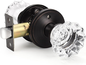 Modern Round Crystal Door Knobs with Lock, Frosted Glass Design, Privacy Function for Bed and Bath, Oil Rubbed Bronze
