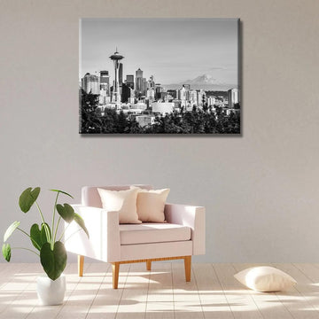 1 Panels Black and White Wall Canvas Print Seattle City Skyline Night Cityscape American City Seattle Night Canvas