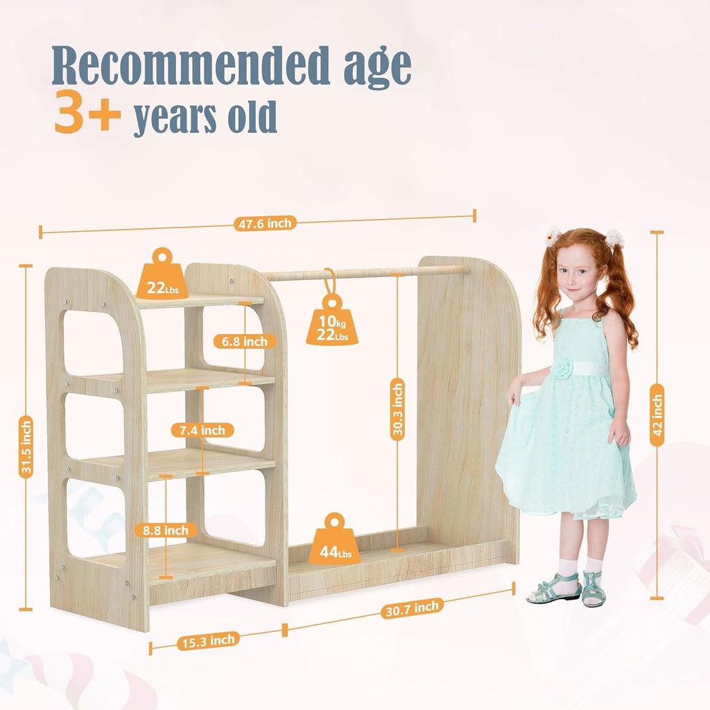 Kids Dress Up Storage with Mirror, Wooden Kids Dress Up Rack for Little Girls and Boys, Kid Wardrobe Closet with