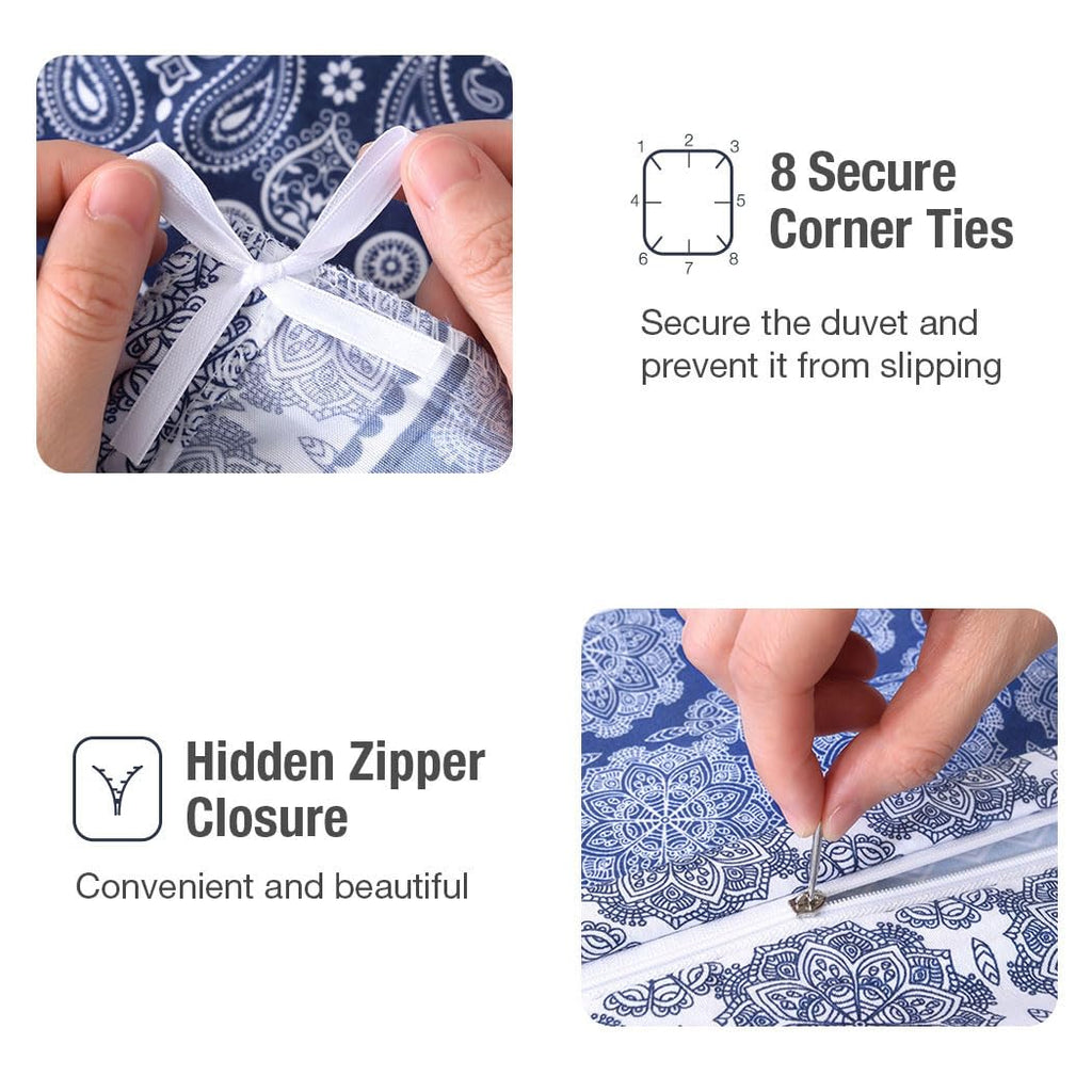 Reversible Boho Duvet Cover Queen Size, Blue and White Geometric