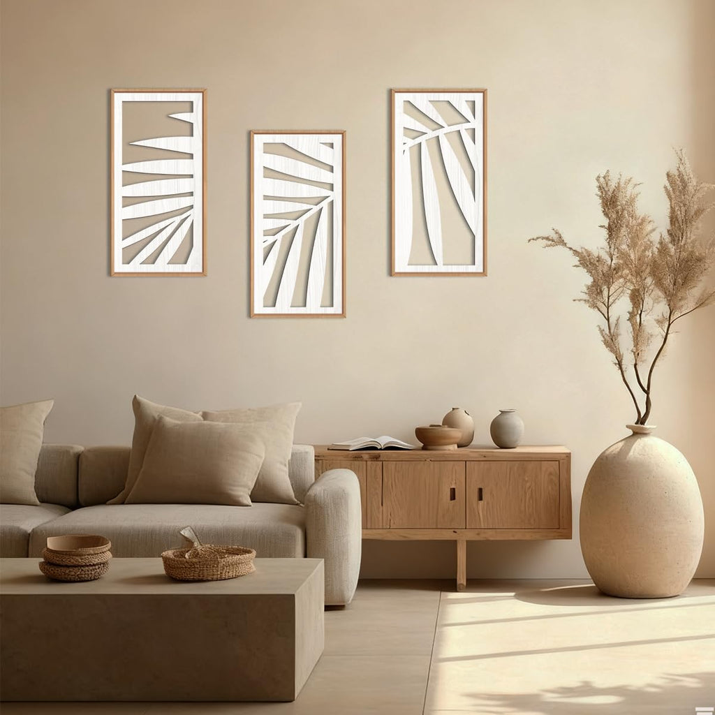 Tropical Palm Tree Leaf Wood Wall Art White Framed 8x16 Inch Set of 3 Hawaii Plant Leaves Wooden Wall Decor