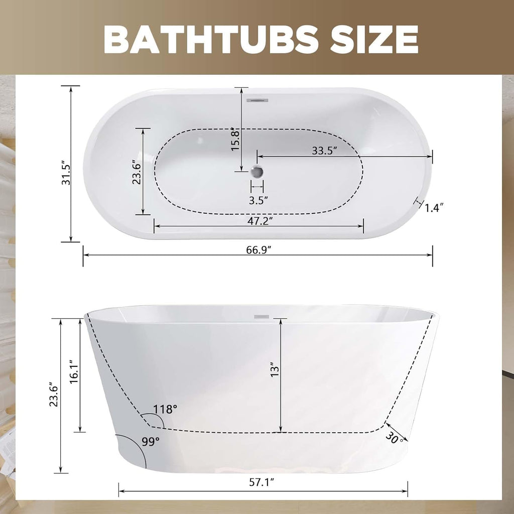 67" Oval Freestanding Soaking Bathtub with Toe-Tap Chrome Drain, Stand Alone Tub, Acrylic Soaking Tub, Ergonomic