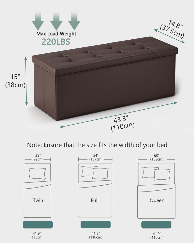 43" Storage Ottoman Bench, Folding Faux Leather Chest, Brown
