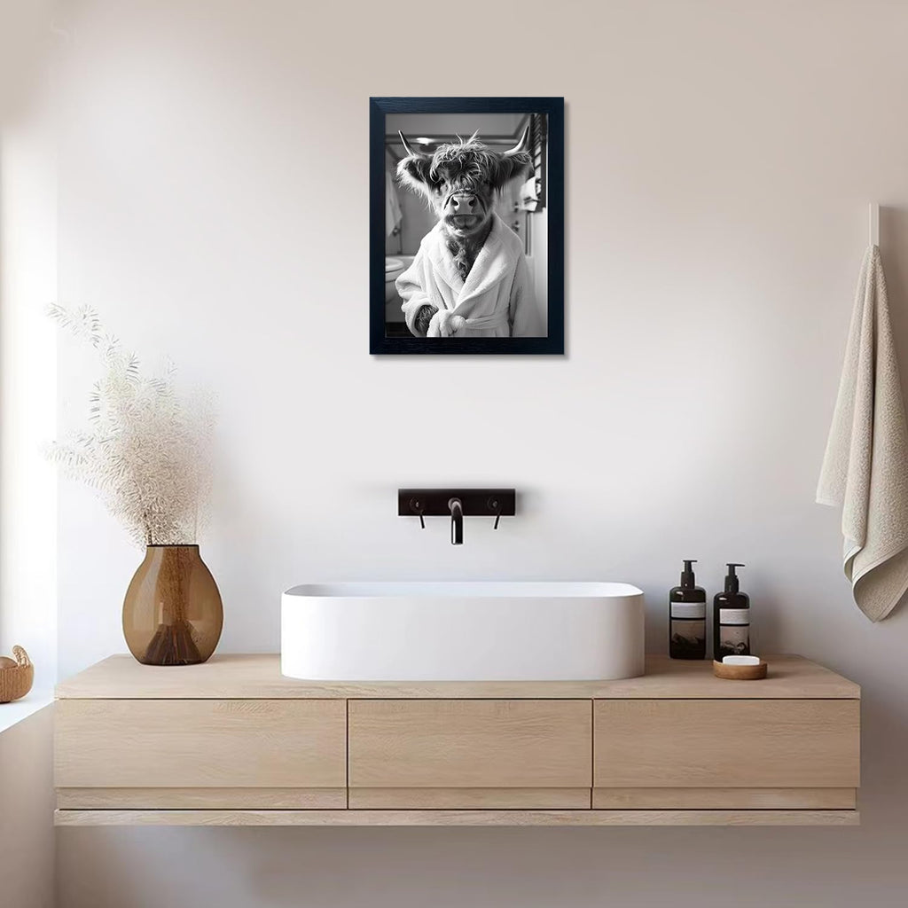 Highland Cow Brushing Teeth Bathroom Wall Decor, Black and White Bathroom Wall Art, Framed Funny Cow Pictures Guest