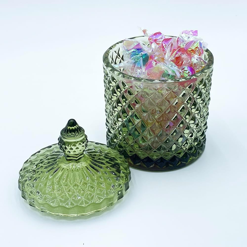 Colorful Glass Jar With Lid,Candy Cookie Jars,Jewelry Box,Christmas Decorative Jar(Olive Green)