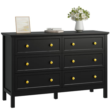 47" Black Dresser with Modern Gold Handles & 6 Drawer