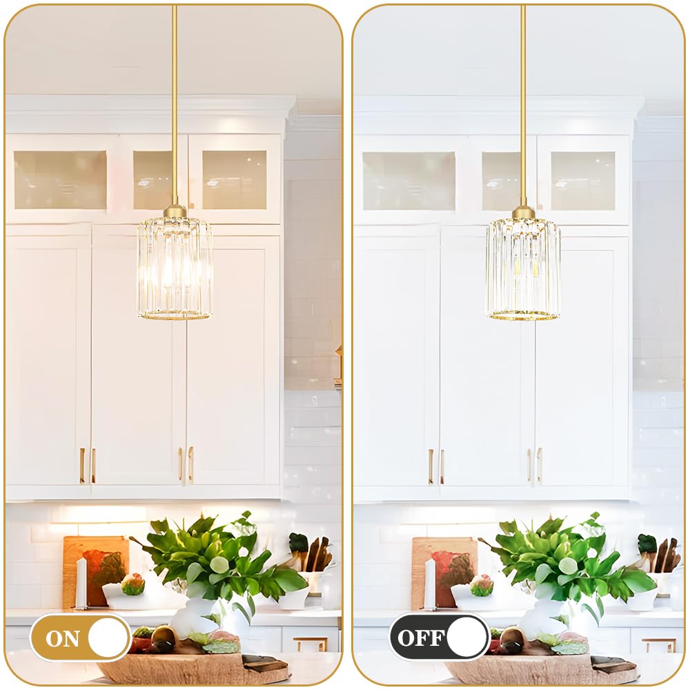 Brushed Gold Kitchen Pendant Lights Over Island with Adjustable Rods - Crystal Pendant Lighting Fixtures for Sloped