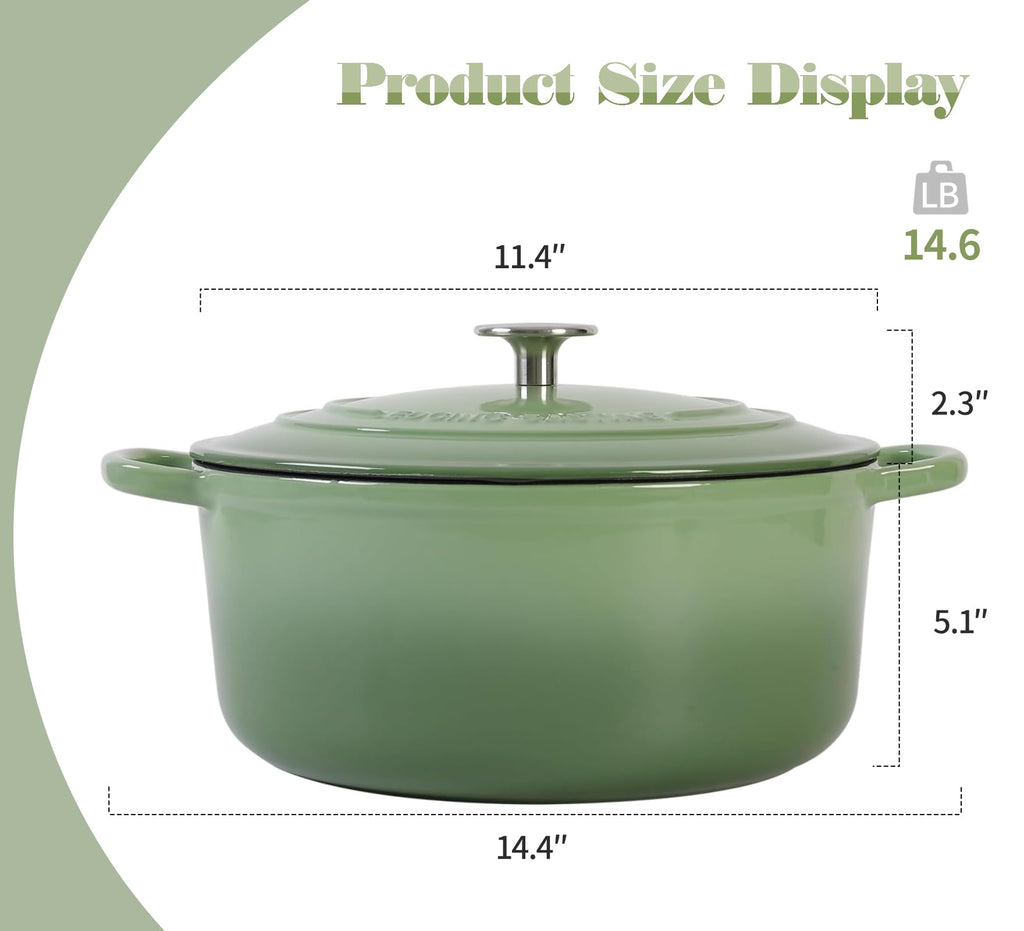 Enameled Dutch Ovens Cast Iron Dutch Oven Pot with Lid for Bread Baking, Cook, Dual Handle, 7 Quart, Pistachio Green