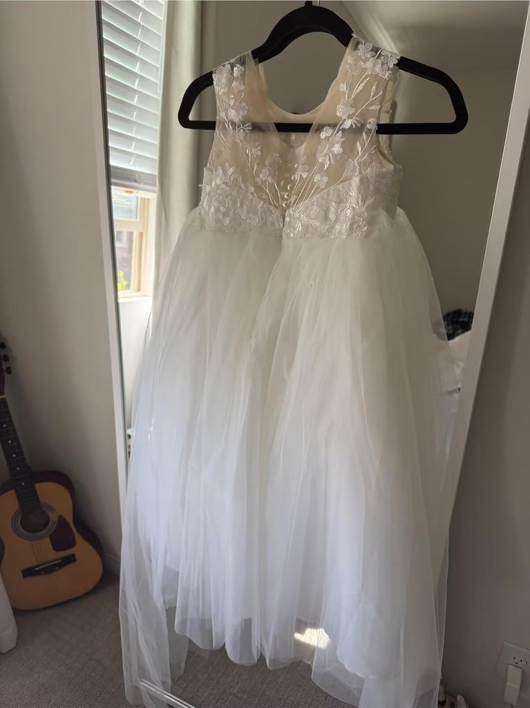 Lace Applique Tulle Flower Girl Dress for Wedding Sleeveless Long Satin Bow Knot V-Back Elegant Formal Dresses