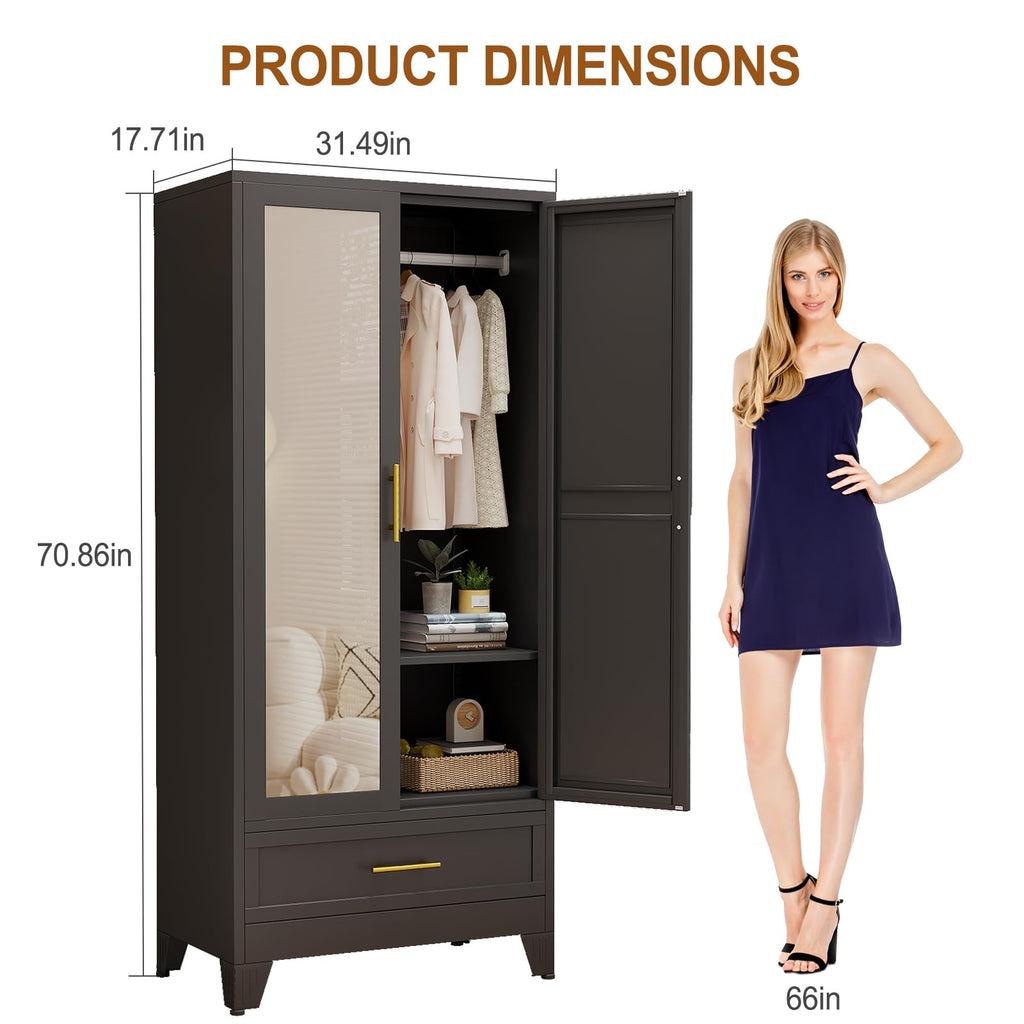Metal Armoire Wardrobe Closet Storage Cabinet with Mirror Black, 71'' Wardrobe Cabinet with Hanging Rod Metal Closet
