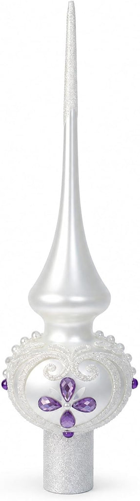 Purple Jewel Stars Pearls White Mouth Blown Glass Tree Topper 11 Inches