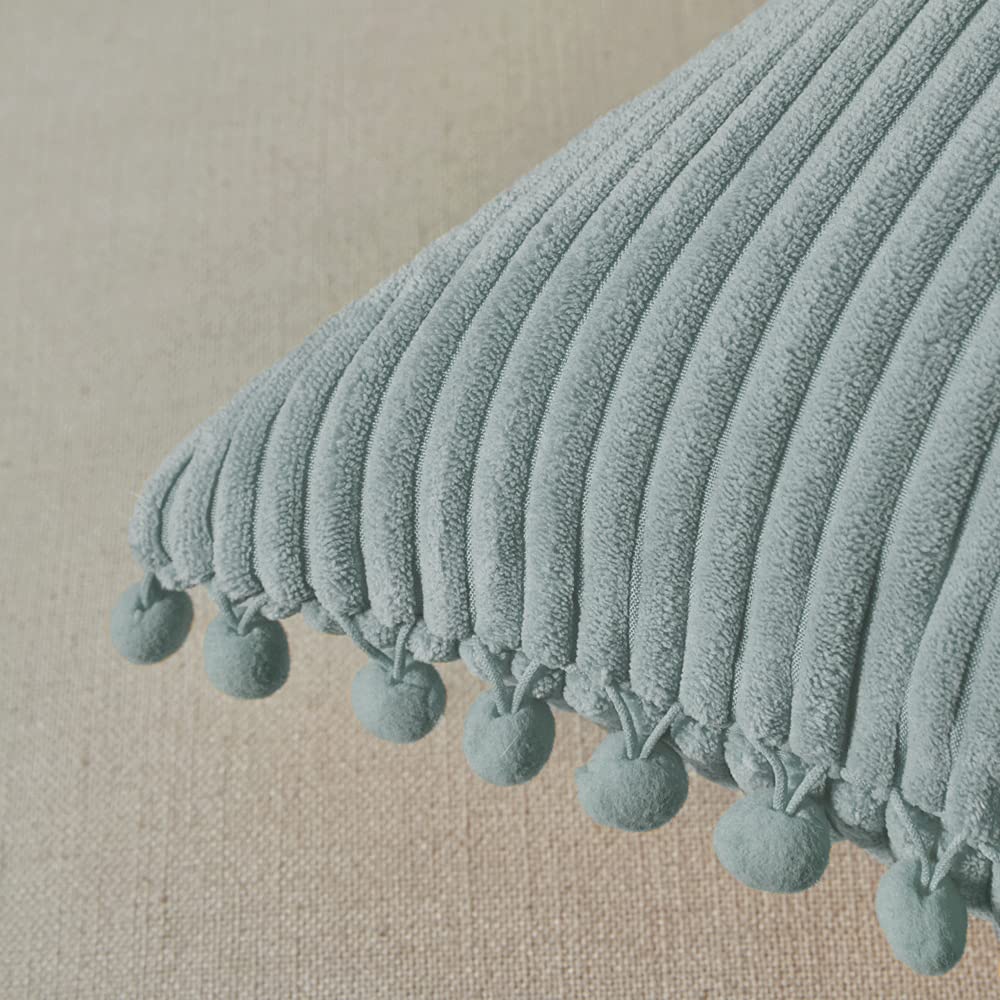 Pack of 2 Farmhouse Lumbar Decorative Throw Pillow Covers with Pom-poms, Soft Corduroy Solid Rectangle Cushion Cases