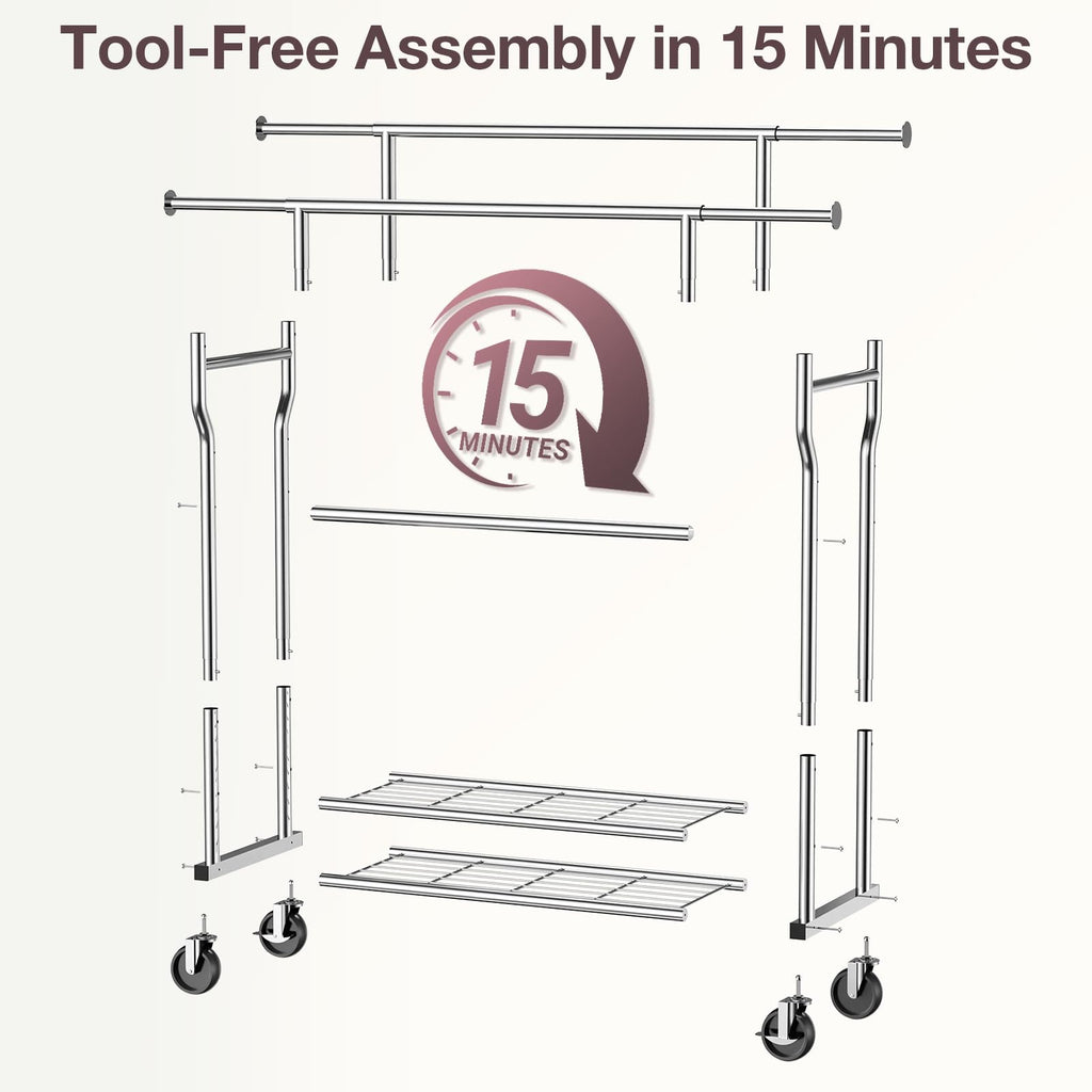 Heavy Duty Clothes Rack Load 960LBS, Adjustable Three Rods Rolling Garment Rack with Double-Layer Bottom Shelf
