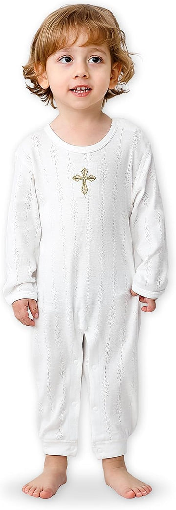 Baby Boy Baptism Outfit, 100% Cotton Christening Romper with Cross Embroidery, White Infant Onesie