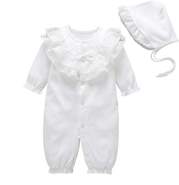 Baby Girls Cotton Romper Lace Collar Jumpsuits Long Sleeve Coveralls with Hat 2 Pieces