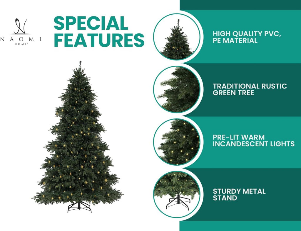 Cynthia 7.5ft Prelit Aritificial Christmas Tree with 3661 Branch Tips, 800 Warm Lights and Metal Stand, 60" Wide